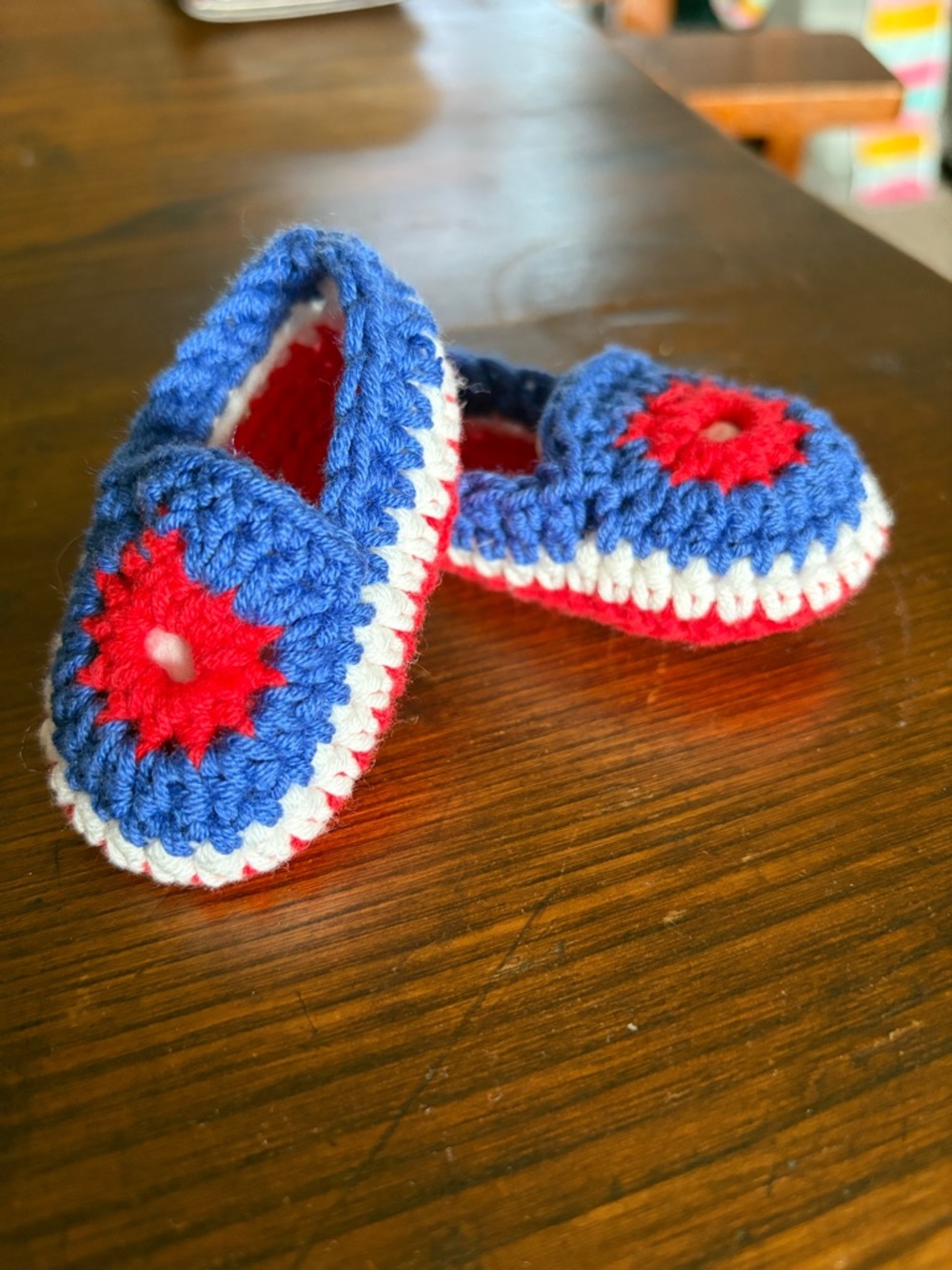 Crochet Kids Moccasins in Blue, Red & White
